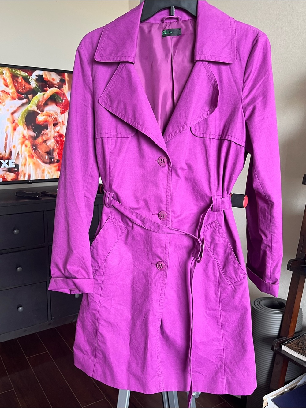 Stile Benetton Magenta Purple Violet Cotton Belted Trench Coat Jacket Blazer